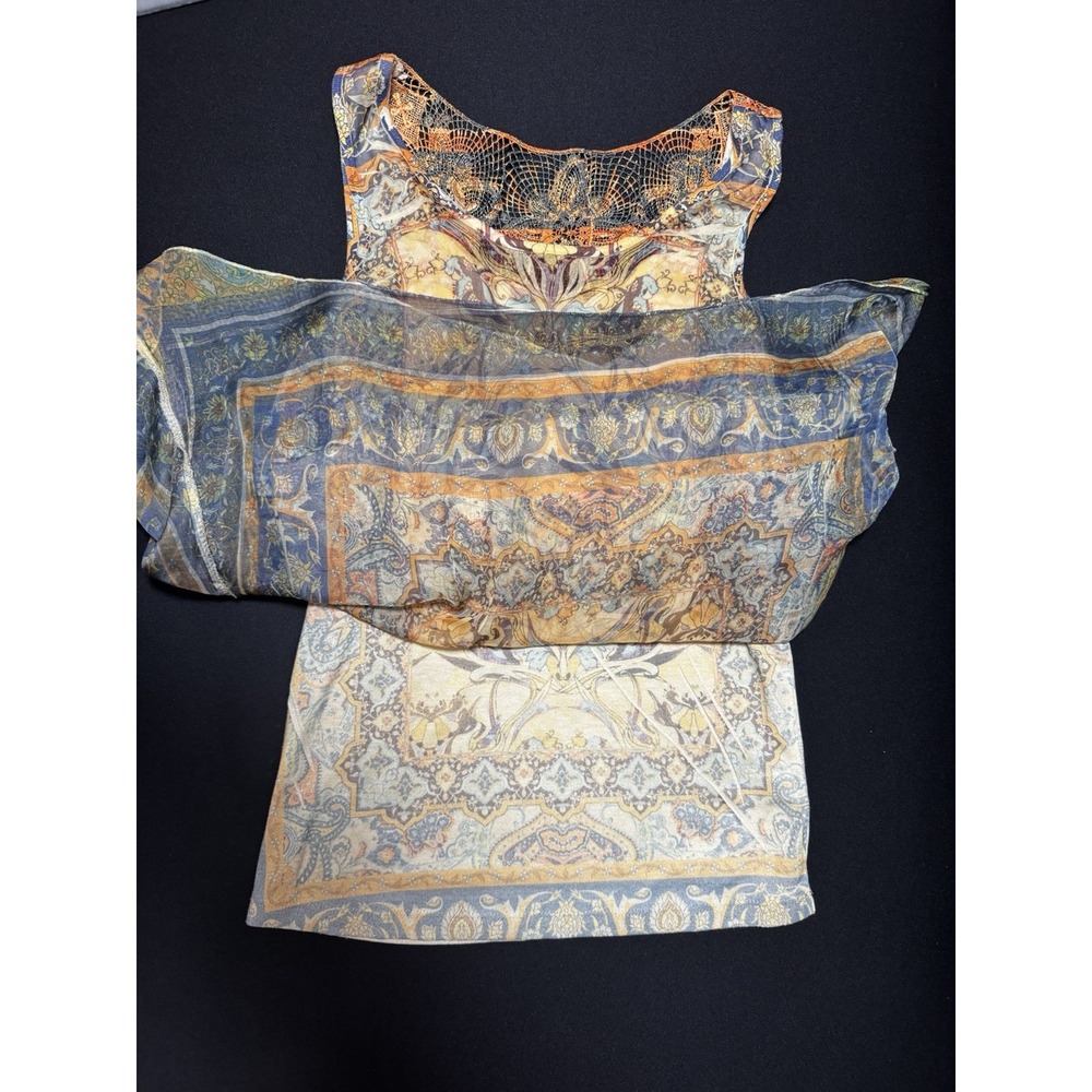 One World Live Let Live Boho Tank Top M Paisley Lace Back Asym Hem Sheer Tunic - Picture 5 of 7